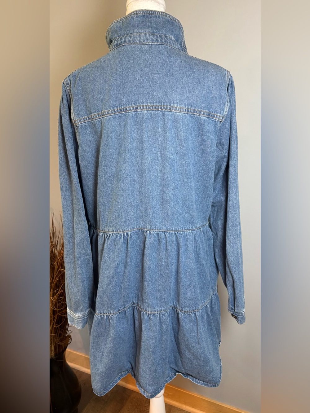 Free People Denim Tiered Mini Shirt Dress Tunic Large - Picture 7 of 8